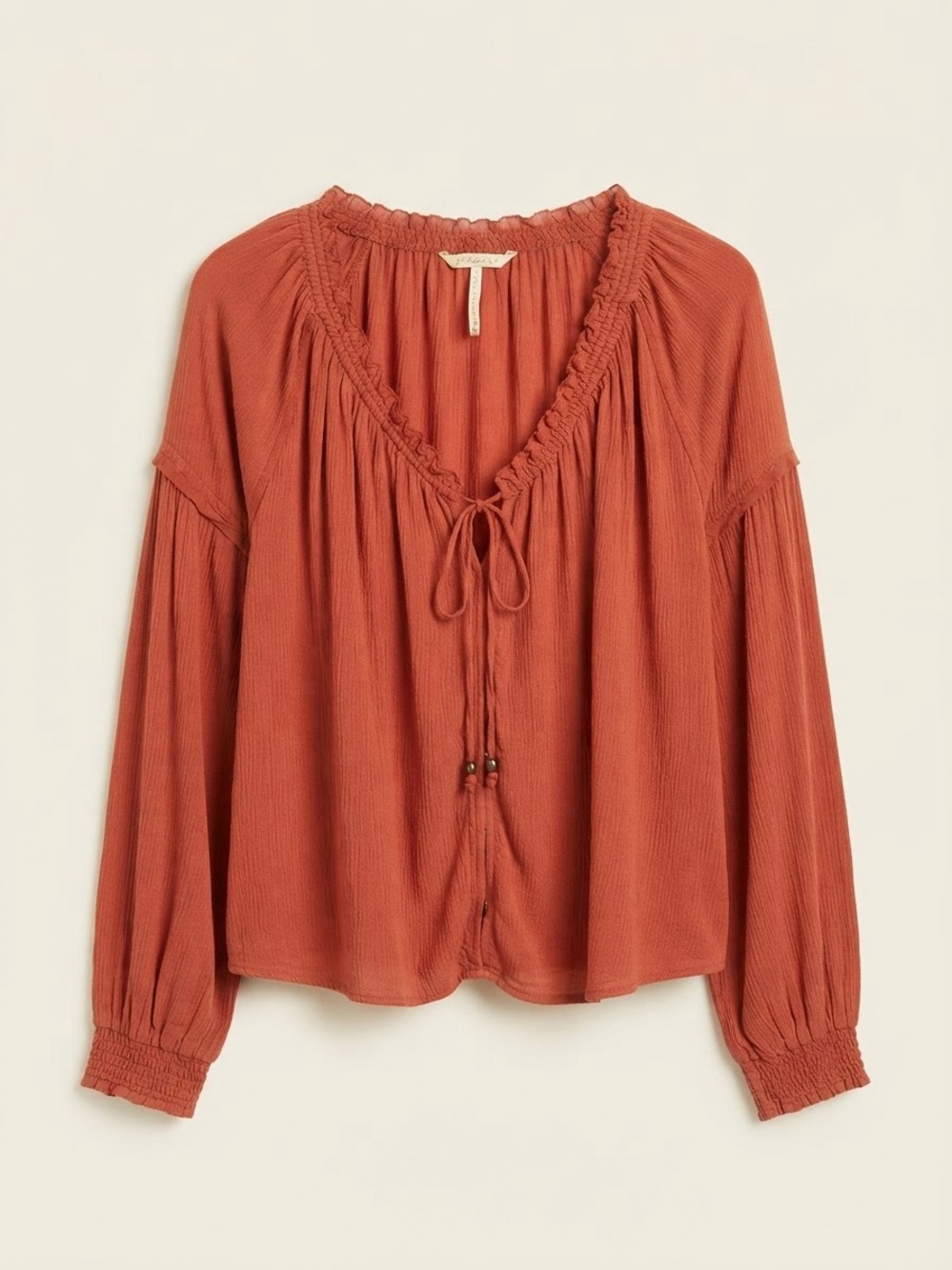 Free People Tie-Front Peasant Blouse in Rust